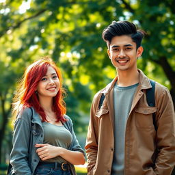 A scene featuring a short red-haired woman standing next to a tall man with black hair