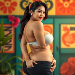 A 4D realistic depiction of an Indonesian woman with a medium curvy body, showcasing big breasts and a big booty