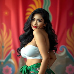 A 4D realistic depiction of an Indonesian woman with a medium curvy body, showcasing big breasts and a big booty