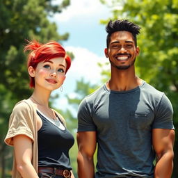 A scene portraying a short red-haired woman with fair skin standing alongside a tall, strong man with black hair and white skin