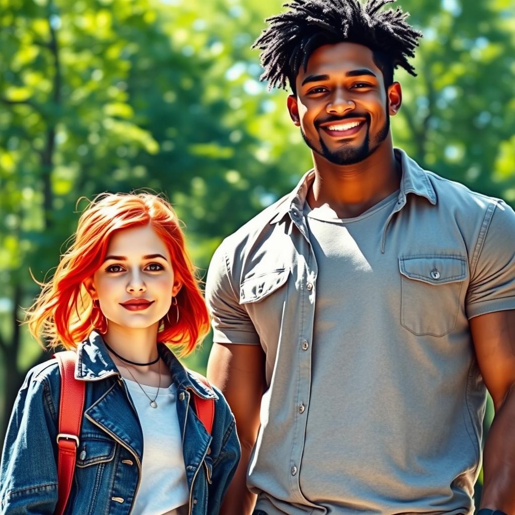 A scene portraying a short red-haired woman with fair skin standing alongside a tall, strong man with black hair and white skin