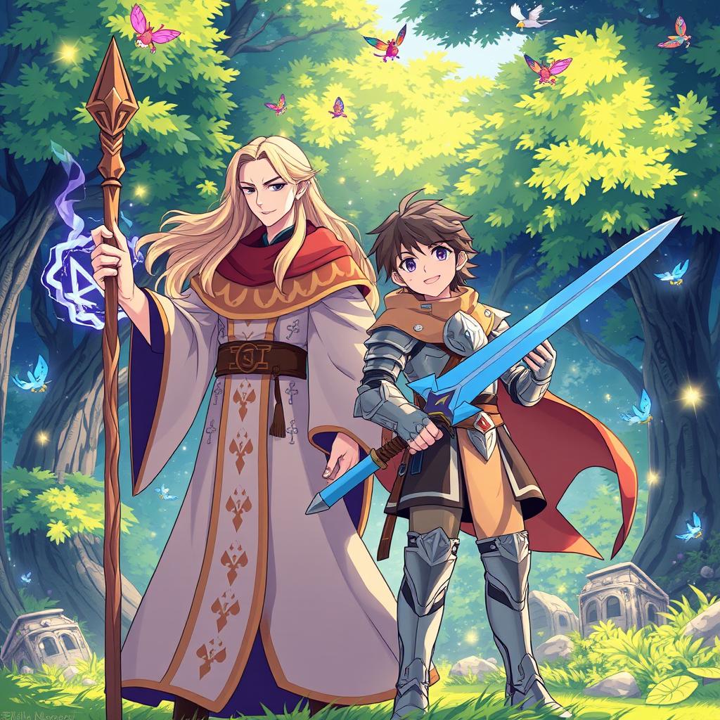 An anime-style illustration featuring a wizard and a human standing side by side in a magical forest