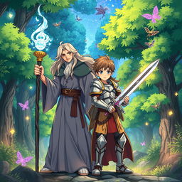 An anime-style illustration featuring a wizard and a human standing side by side in a magical forest