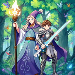 An anime-style illustration featuring a wizard and a human standing side by side in a magical forest