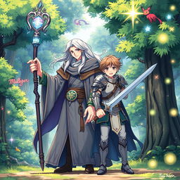 An anime-style illustration featuring a wizard and a human standing side by side in a magical forest