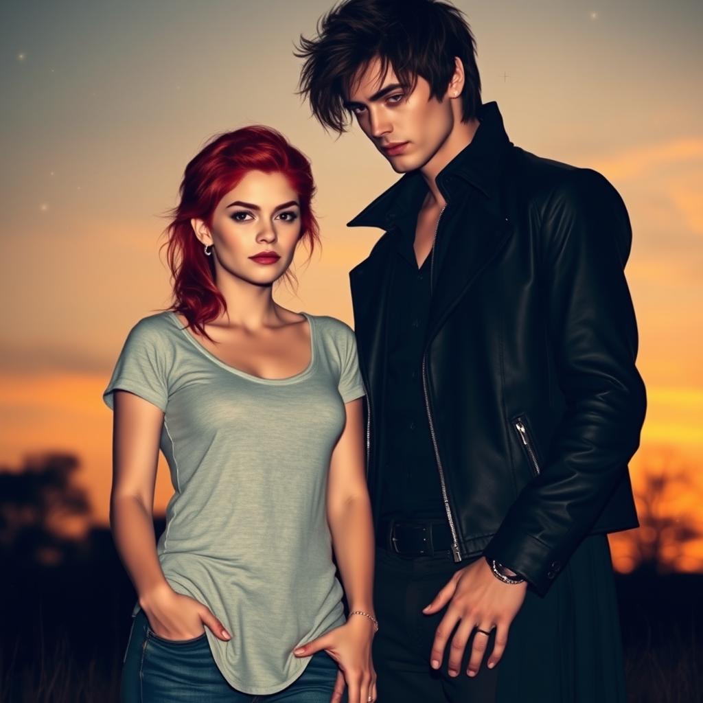 A short, striking red-haired woman standing next to a tall, brooding vampire inspired by the 'Twilight' series