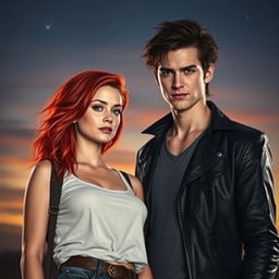 A short, striking red-haired woman standing next to a tall, brooding vampire inspired by the 'Twilight' series