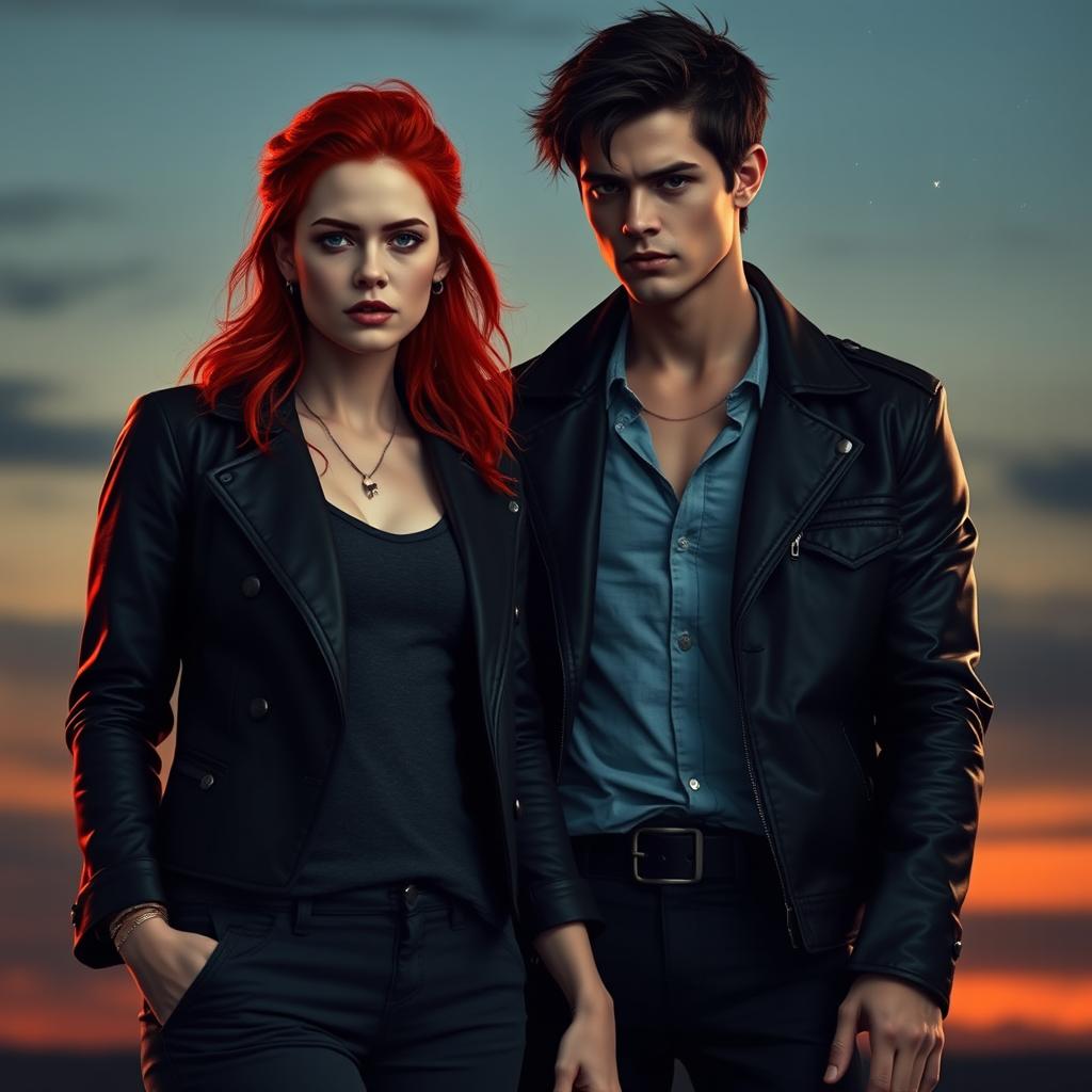 A short, striking red-haired woman standing next to a tall, brooding vampire inspired by the 'Twilight' series