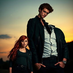 A short, striking red-haired woman standing next to a tall, brooding vampire inspired by the 'Twilight' series