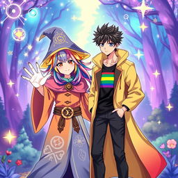 An anime-style illustration featuring a wizard and a human in a vibrant, magical setting