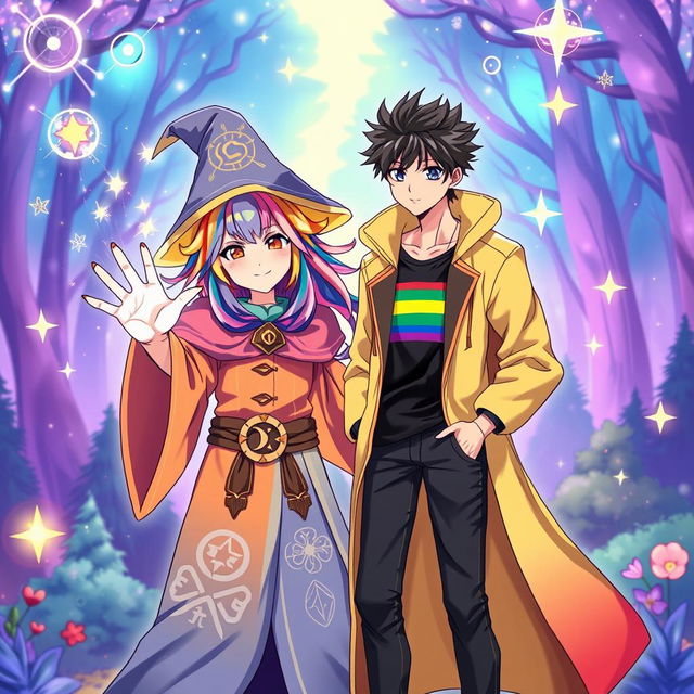 An anime-style illustration featuring a wizard and a human in a vibrant, magical setting