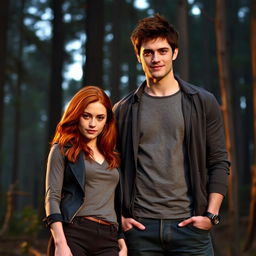 A short, captivating red-haired woman standing beside Emmett Cullen, the tall and muscular vampire from the 'Twilight' series