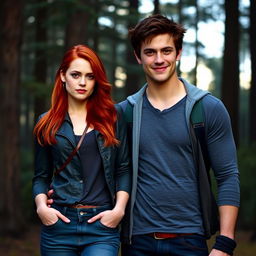 A short, captivating red-haired woman standing beside Emmett Cullen, the tall and muscular vampire from the 'Twilight' series