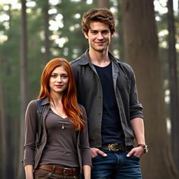 A short, captivating red-haired woman standing beside Emmett Cullen, the tall and muscular vampire from the 'Twilight' series