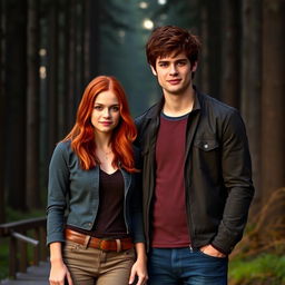 A short, captivating red-haired woman standing beside Emmett Cullen, the tall and muscular vampire from the 'Twilight' series