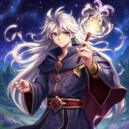 A stunningly attractive anime wizard (bruxo) with long, flowing hair, wearing intricate robes adorned with magical symbols