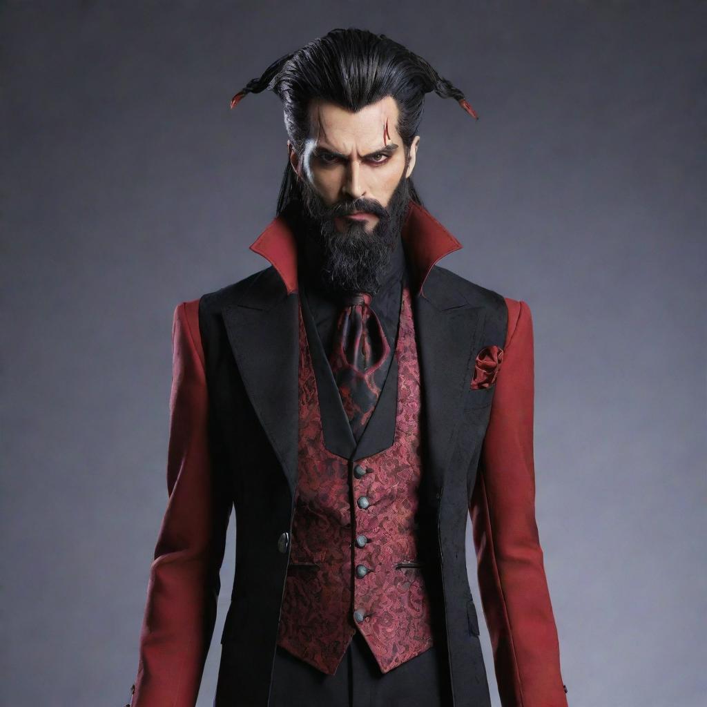 A villainous character leveraging crimson powers, adorned in a gothic yet colorful suit with red and black details, sporting a beard and long tied-back hair, all in anime style.