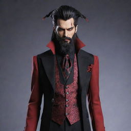 A villainous character leveraging crimson powers, adorned in a gothic yet colorful suit with red and black details, sporting a beard and long tied-back hair, all in anime style.