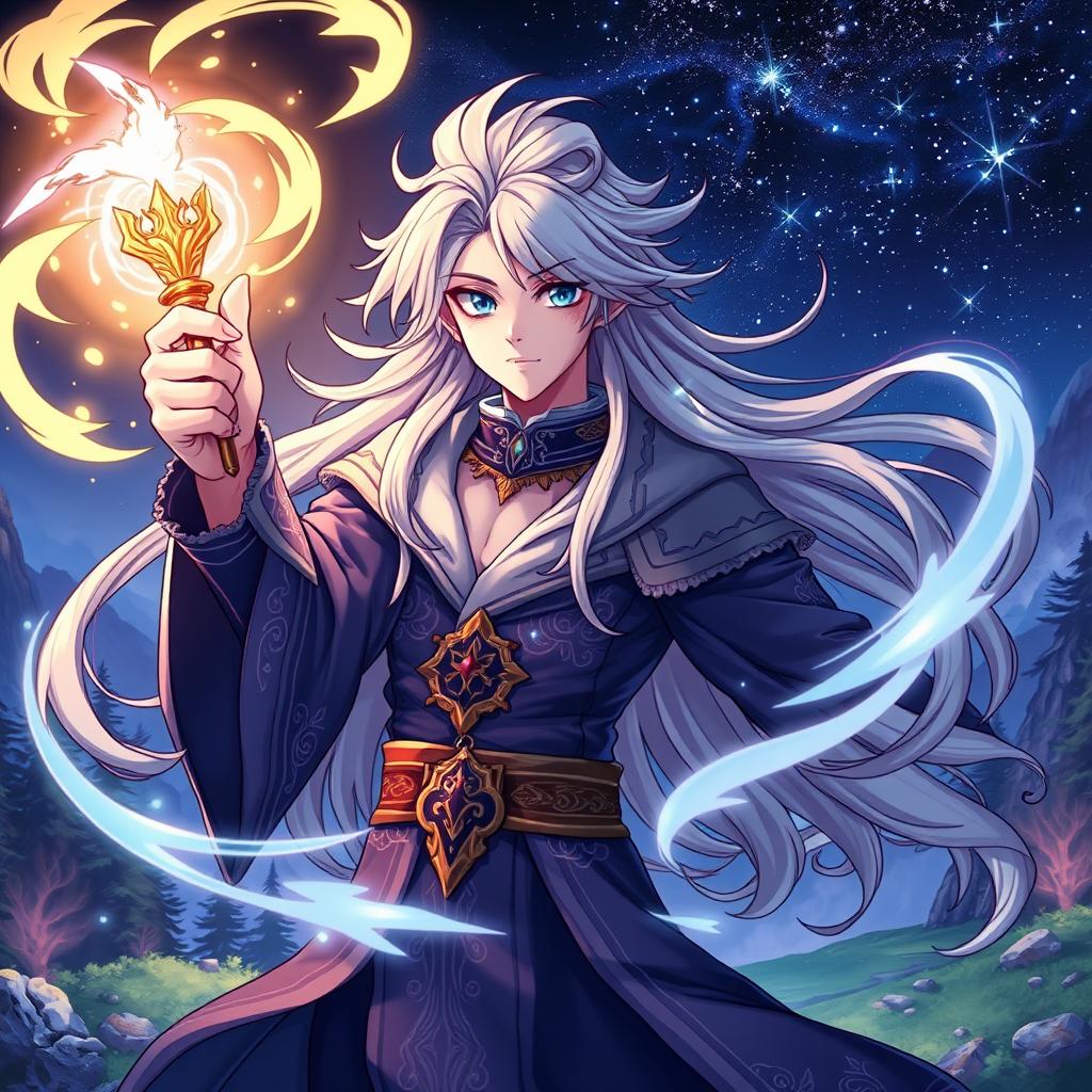 A stunningly attractive anime wizard (bruxo) with long, flowing hair, wearing intricate robes adorned with magical symbols