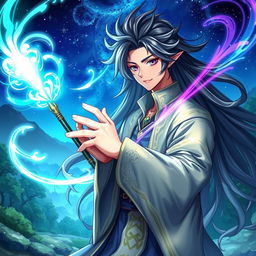 A stunningly attractive anime wizard (bruxo) with long, flowing hair, wearing intricate robes adorned with magical symbols