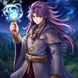 A stunningly attractive anime wizard (bruxo) with long, flowing hair, wearing intricate robes adorned with magical symbols