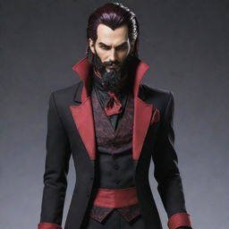 A villainous character leveraging crimson powers, adorned in a gothic yet colorful suit with red and black details, sporting a beard and long tied-back hair, all in anime style.