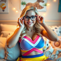 A blonde cheerleader with large DD cup breasts, playfully lounging in bed while wearing stylish glasses