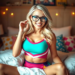 A blonde cheerleader with large DD cup breasts, playfully lounging in bed while wearing stylish glasses