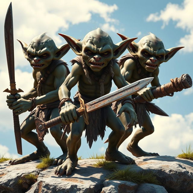 Three goblins, each armed with crude weapons such as rusty swords and wooden clubs, stand in a menacing pose