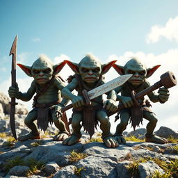 Three goblins, each armed with crude weapons such as rusty swords and wooden clubs, stand in a menacing pose