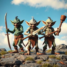 Three goblins, each armed with crude weapons such as rusty swords and wooden clubs, stand in a menacing pose