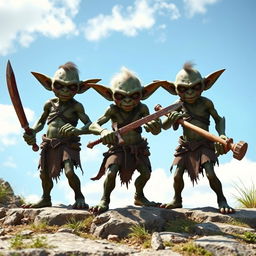 Three goblins, each armed with crude weapons such as rusty swords and wooden clubs, stand in a menacing pose