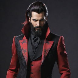 A villainous character leveraging crimson powers, adorned in a gothic yet colorful suit with red and black details, sporting a beard and long tied-back hair, all in anime style.