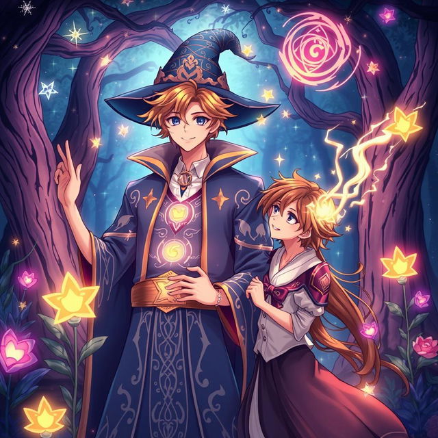 A beautifully crafted illustration of a handsome anime wizard, dressed in an enchanting robe with intricate magical symbols, surrounded by twinkling stars and swirling magical energies