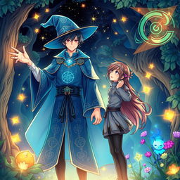 A beautifully crafted illustration of a handsome anime wizard, dressed in an enchanting robe with intricate magical symbols, surrounded by twinkling stars and swirling magical energies