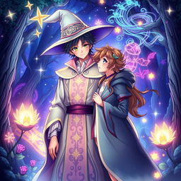 A beautifully crafted illustration of a handsome anime wizard, dressed in an enchanting robe with intricate magical symbols, surrounded by twinkling stars and swirling magical energies