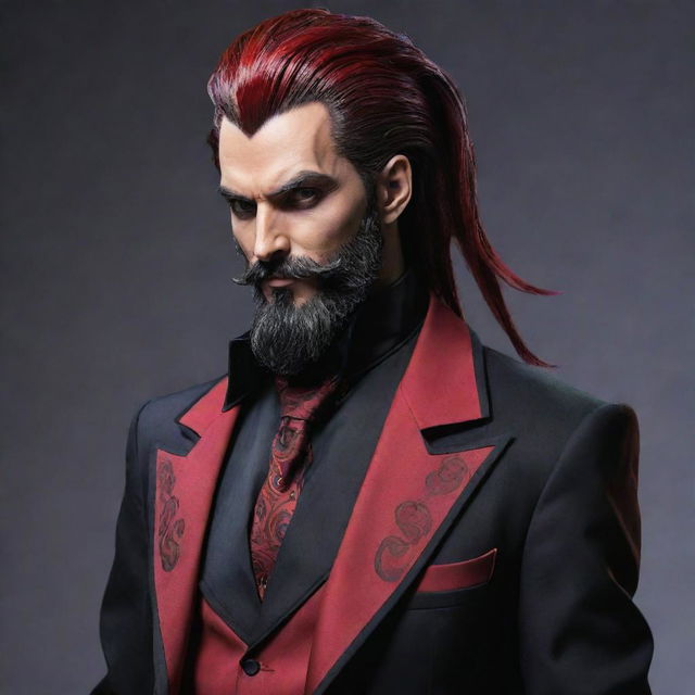 A villainous character leveraging crimson powers, adorned in a gothic yet colorful suit with red and black details, sporting a beard and long tied-back hair, all in anime style.