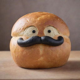 A freshly baked loaf of bread with a creative touch, adorned with a distinctly styled mustache, giving it a playful character.