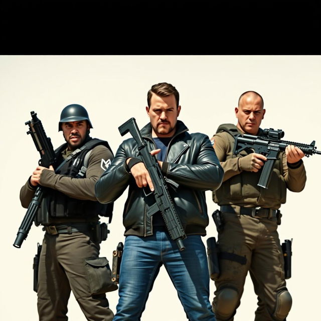 Three individuals with weapons, standing confidently and looking menacingly, against a bright daylight background