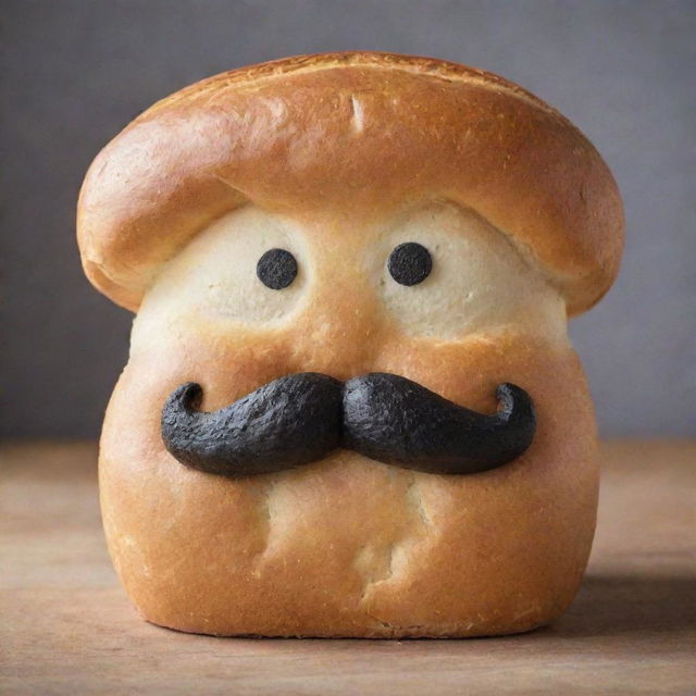 A freshly baked loaf of bread with a creative touch, adorned with a distinctly styled mustache, giving it a playful character.