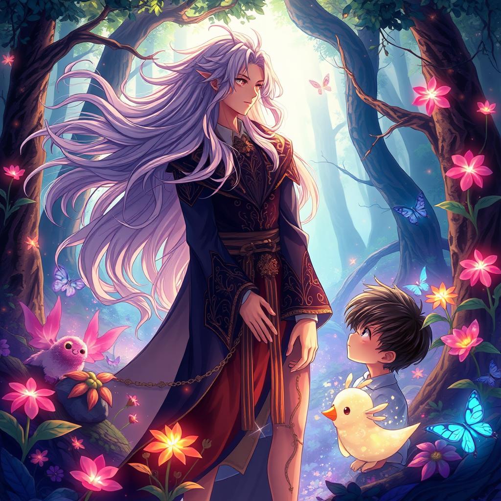 A beautiful anime-style wizard (bruxo) with flowing hair and an intricate robe, standing in an enchanting forest filled with magical creatures and glowing plants