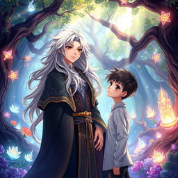 A beautiful anime-style wizard (bruxo) with flowing hair and an intricate robe, standing in an enchanting forest filled with magical creatures and glowing plants