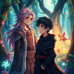 A beautiful anime-style wizard (bruxo) with flowing hair and an intricate robe, standing in an enchanting forest filled with magical creatures and glowing plants