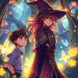 A beautiful anime-style wizard (bruxo) with flowing hair and an intricate robe, standing in an enchanting forest filled with magical creatures and glowing plants