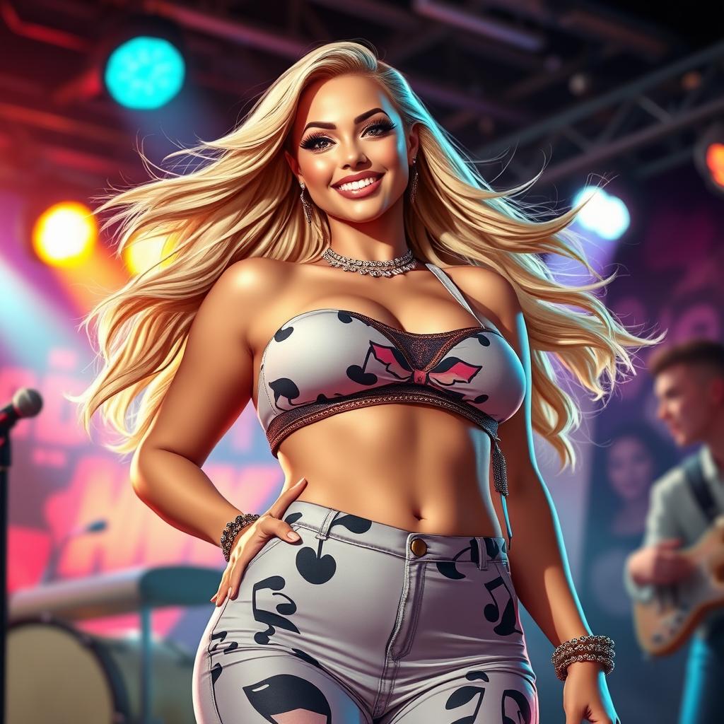 A portrait of a fictional pop star inspired by elements of contemporary music, featuring a curvy woman with a confident smile and a stylish outfit that showcases her individuality