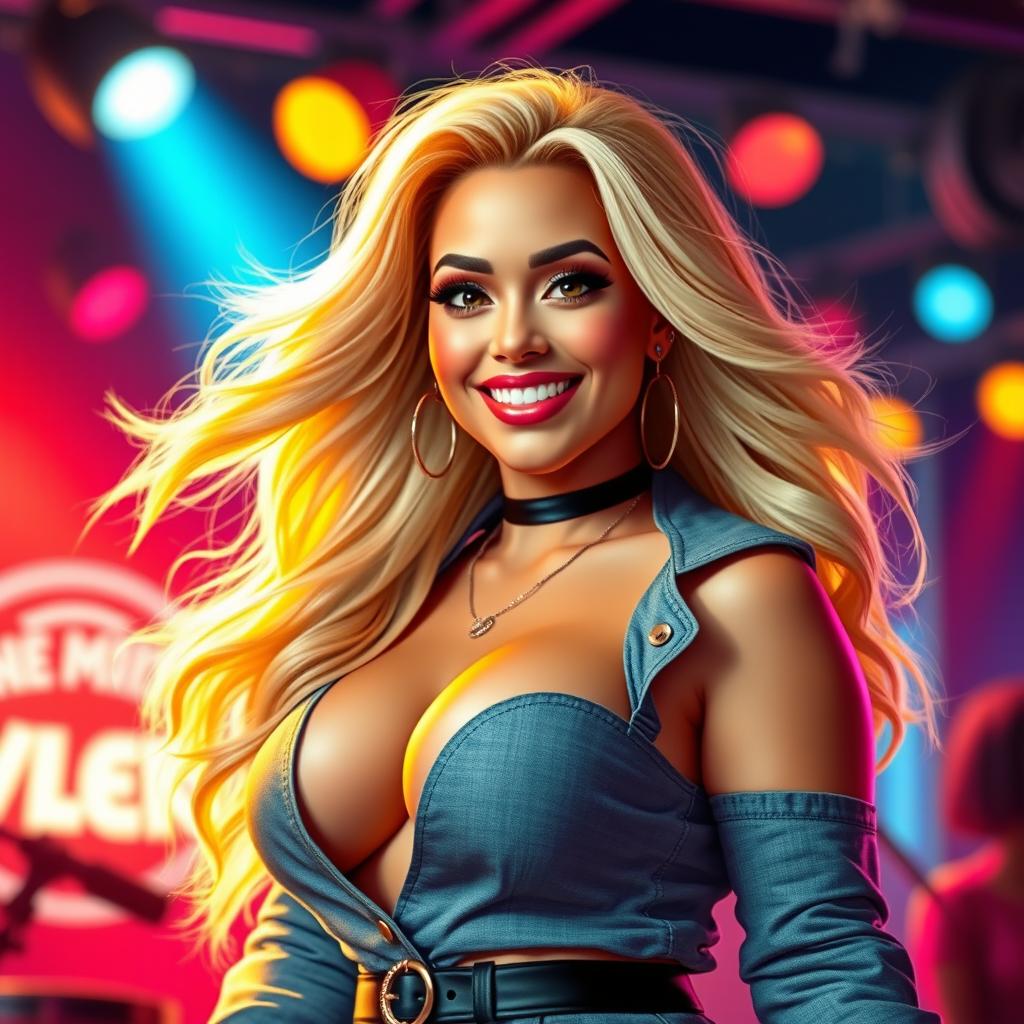 A portrait of a fictional pop star inspired by elements of contemporary music, featuring a curvy woman with a confident smile and a stylish outfit that showcases her individuality