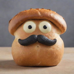 A freshly baked loaf of bread with a creative touch, adorned with a distinctly styled mustache, giving it a playful character.