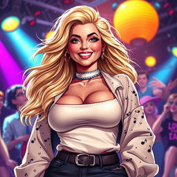 A portrait of a fictional pop star inspired by elements of contemporary music, featuring a curvy woman with a confident smile and a stylish outfit that showcases her individuality