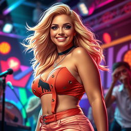 A portrait of a fictional pop star inspired by elements of contemporary music, featuring a curvy woman with a confident smile and a stylish outfit that showcases her individuality