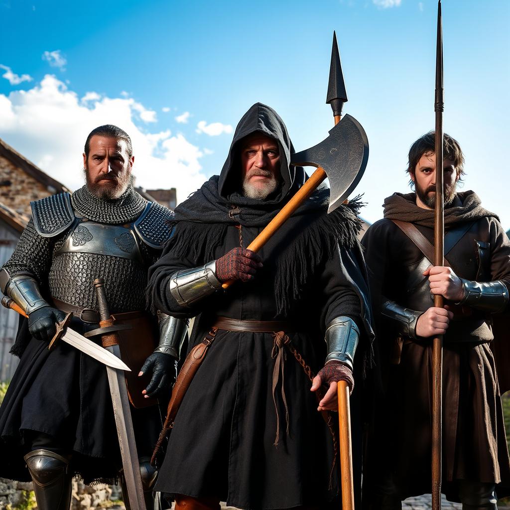 Three individuals from the Middle Ages, clad in authentic medieval armor and attire, stand with weapons in hand, looking menacingly